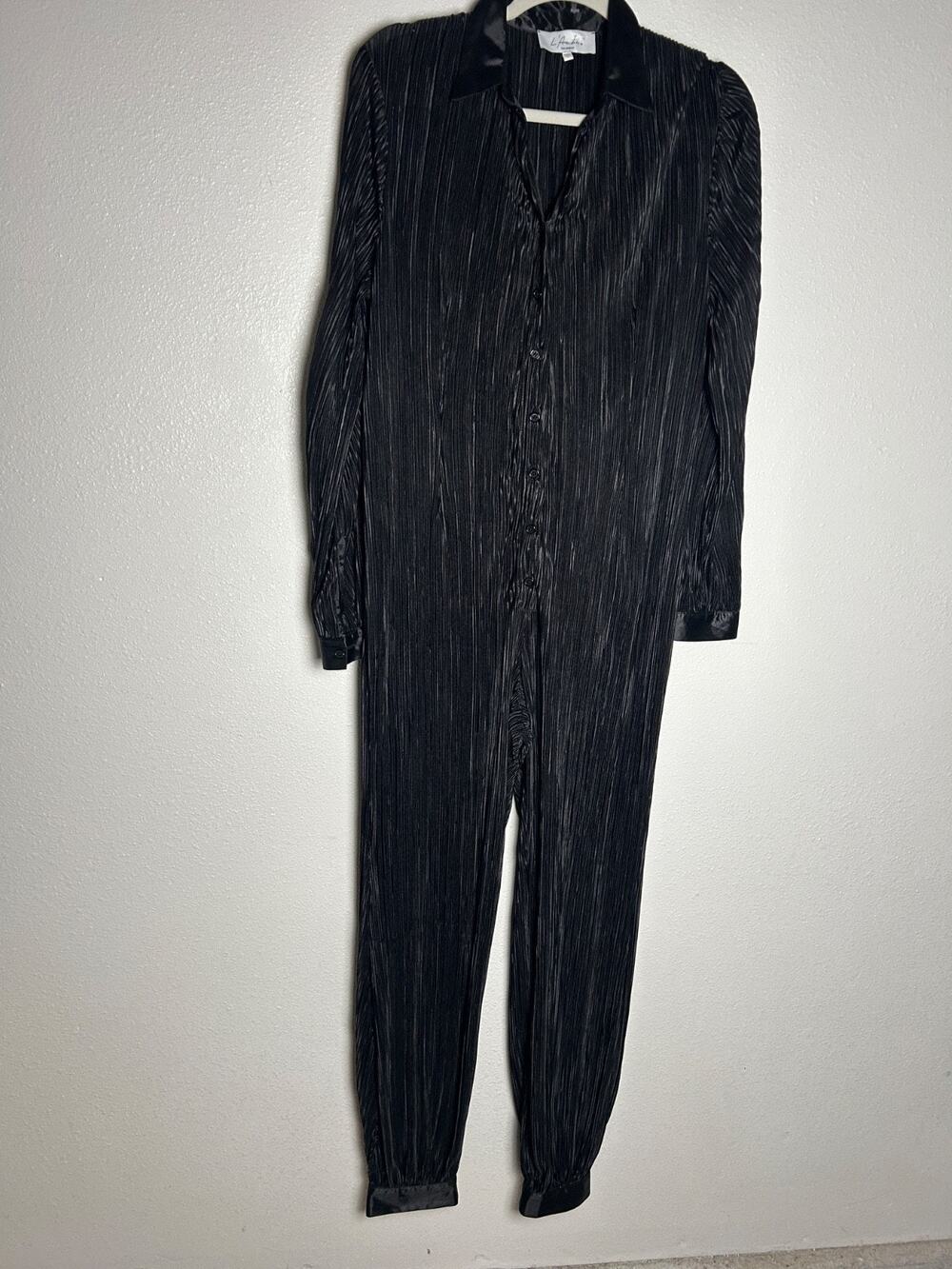 L’academie Perrine Jumpsuit Black Fully Pleated Button Front NO SASH Sz Small